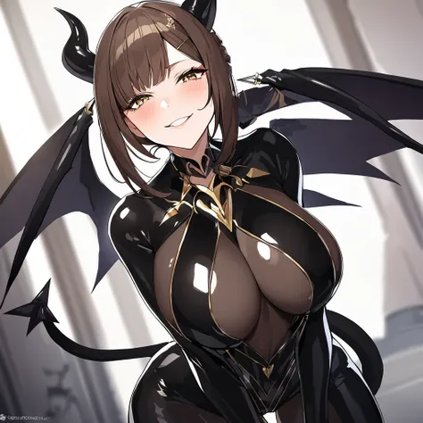 ((Highest quality)), ((masterpiece)), (detailed), （Perfect Face）、The woman is a naked demon queen, Devil Queen Liza, wearing a shiny black full-body bodysuit decorated with gold, a sexy female demon, Devil Queen Liza、The woman is a female demon with magnif...