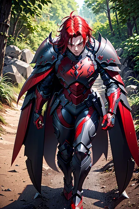 A man in armor with red and black hair, black armour e vermelha, demonic dragon inspired armor, black fire colored reflected armor, concept armor, dark soul armor concept, black and red reflected armor, white and red armor, demonic armor, very stylish fant...