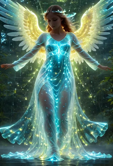 une sublime ange au corp translucide qui danse joyeusement sous la pluie dans le ciel, ailes déployés sous la pluie, sans protec...