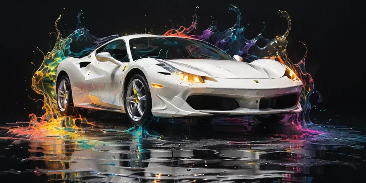 internal, a parked white ferrari car, simplistic, black room, lights, highy detailed, cinematic, colorfully, sneezing, reflectio...