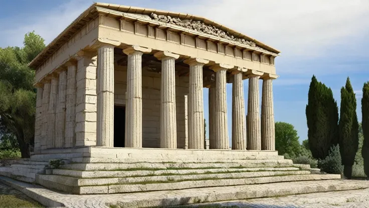 créer une bannière, representant un temple grec moderne, le soleil, des oliviers autours, l'atome. la bannière doit être élégant...