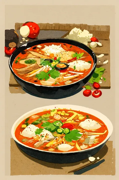 Illustration: Simple woodblock printing style, Thai food, Tom Yum Kung 