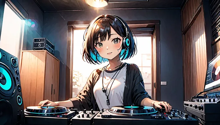 Japanese woman, bob haircut, DJing, headphones, turntable, room, alone, cozy, lights, music, energetic, focused, modern, stylish, casual outfit, Frontal angle of view