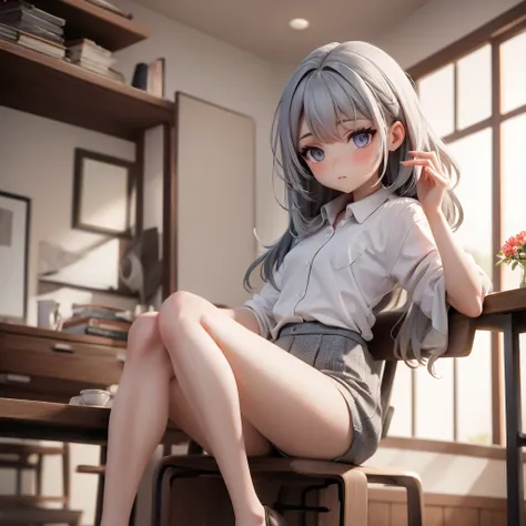 A woman with beautiful gray hair, sharp eyes, fierce, Korean style, wearing underwear, sitting in a charming position on a chair in the house by the window.