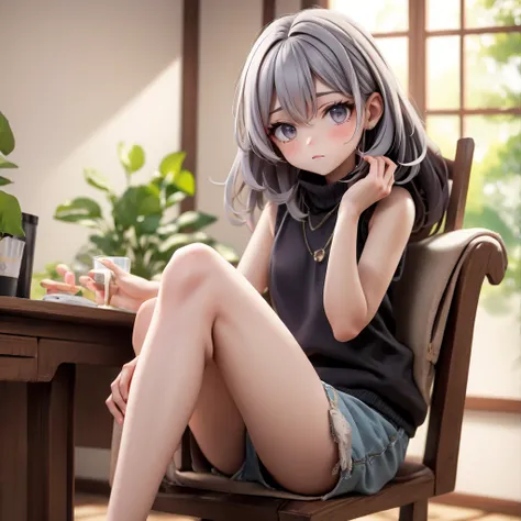 A woman with beautiful gray hair, sharp eyes, fierce, Korean style, wearing underwear, sitting in a charming position on a chair in the house by the window.