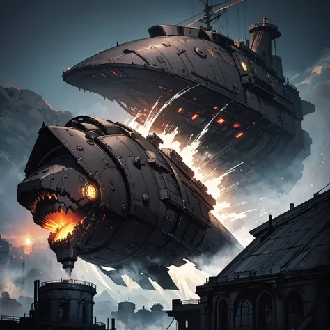 steam engine war dreadnought iron airship dark gothic style, Flying dark atmosphere