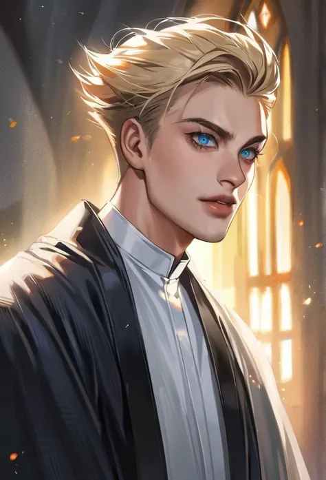 Blond boy with blue eyes，Priest robes，Realism， crazy