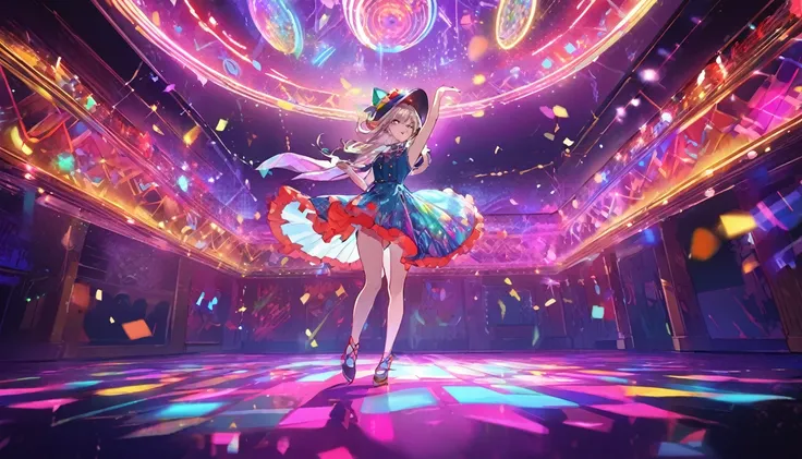 An anime-style vibrant dance hall with only one girl dancing joyfully under colorful lights. The atmosphere is electric, with neon lights and a disco ball casting dynamic patterns across the floor. The girl is dressed in a stylish outfit and wearing a hat,...