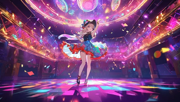 An anime-style vibrant dance hall with only one girl dancing joyfully under colorful lights. The atmosphere is electric, with neon lights and a disco ball casting dynamic patterns across the floor. The girl is dressed in a stylish outfit and wearing a hat,...