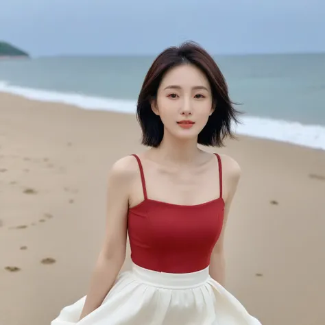 Full body photo of a beautiful 46-year-old Korean woman, Chest size 34 inches, Wear rolled-up sleeveless tops, light and pale white skirt, red light on the beach at sunset，afterglow on the sea beach beach sunset red sun，A strong lingering scent is reflecte...