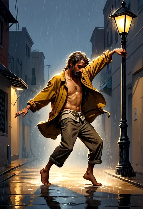 Soul Dancer Mark,A homeless man dancing alone in the rain under a street lamp，Barefoot，Loose and worn clothes，Professional Action，Splash，Light and Shadow，Minimalism，artistic conception，Clean background