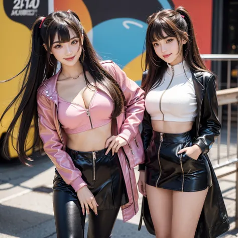 bangs down，beautiful girl，Maid clotheasterpiece，Standing posture，Hands in pockets，perfect face，perfect breasts，long hair，Long leather trousers，Colorful clothes，Outstanding style，stimulating，Cute outfits，Horny girl，double eyelid，Naughty Girls，Erotic and cut...