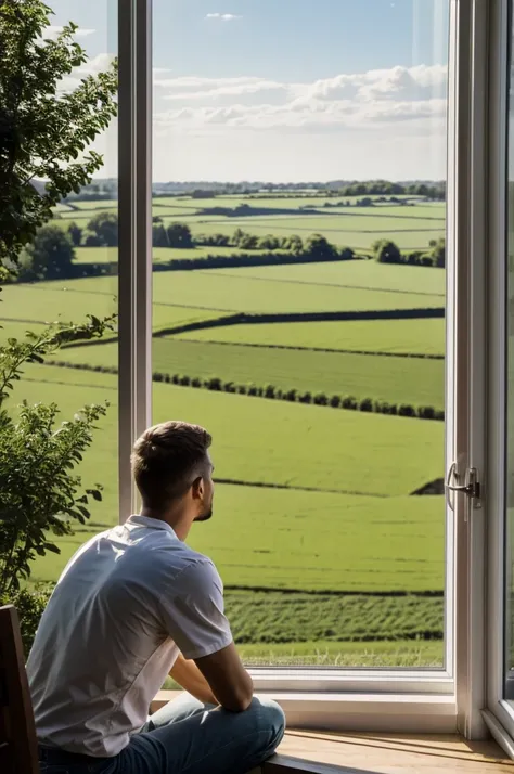 Young man watching his farmland in sitting in window in landscape