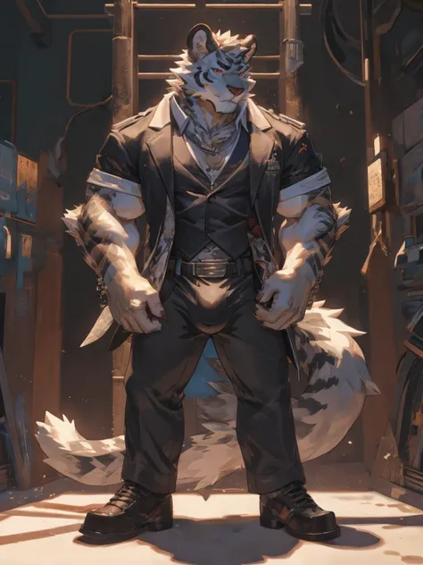 {{bara extremely handsome white tiger,}} {{white fur,}} white, wearing elegant ornate suit, trousers, white dress shirt and necktie, white fluffy furry body and limbs, loafers, very tall, very broad shoulders, narrow waist, muscular arms, massive pecs, pur...