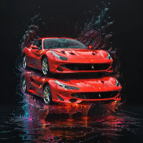 internal, a red ferrari car parked, simplistic, black room, lights, highy detailed, cinematic, colorfully, sneezing, reflections...