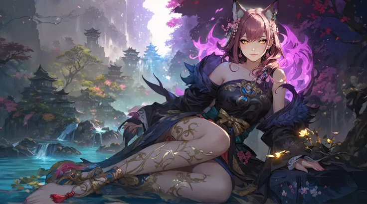 masterpiece, best quality, 1 girl, female focus, solo, Fantasy aesthetics, Highly detailed, shadowverse style. demon fox, japanese style