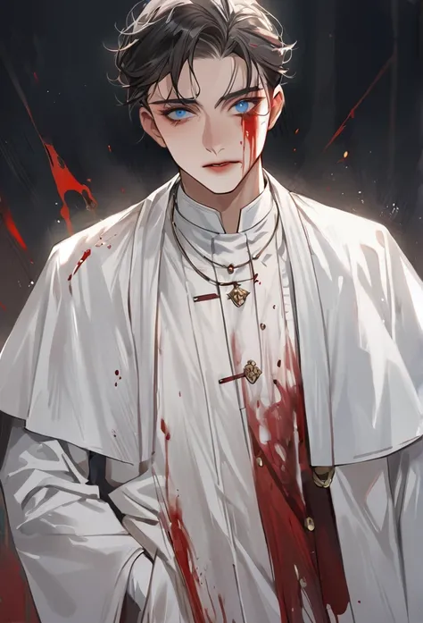 boy with clear blue eyes，Priest white robe，There are blood stains on the white robe，Realism， crazy，meticulous，