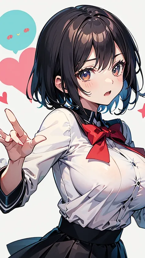 (intricate and super detailed anime style cute illustration),black hair,short hair,school blezer uniform,big breasts,
open mouth,