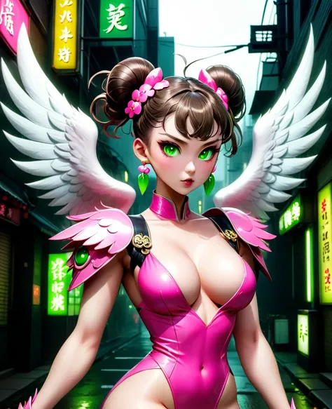 anime 4D Chun LI + Sakura girl sexy angels bright white wings big tits spiky mohawk hair dress V-cuts walking on a gloomy dark street in neon pink high heels scared style photo realism, fully detailed drawing in black and black and only the big green eyes
