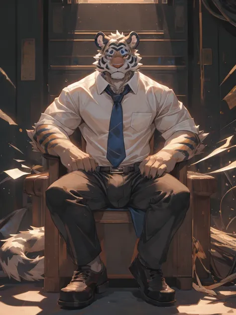 {{bara extremely handsome white tiger,}} {{white fur,}} white, wearing elegant ornate suit, trousers, white dress shirt and necktie, white fluffy furry body and limbs, loafers, very tall, very broad shoulders, narrow waist, muscular arms, massive pecs, pur...