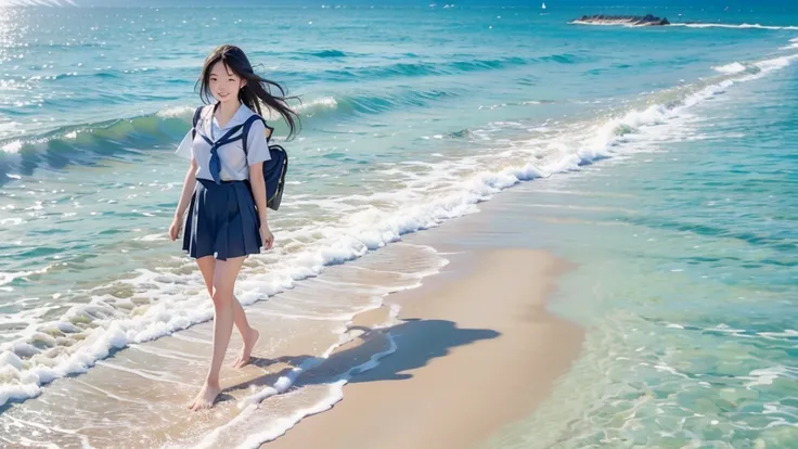 8K、RAW Photos、Highest quality、Super detailed、Super Resolution、Ultra HD、8K壁紙、Amazing details Woman walking on sandy beach、(16 year old school girl in uniform)、((line))Shining Sun、Blue sky、School bag、smile、Midsummer Sun、You can see the ocean
(((Full body pho...