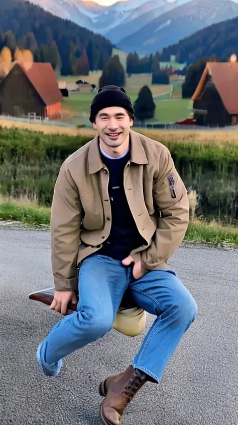 Create a hyperrealistic 4D photo of a handsome man, aged 38, wearing a beanie, t-shirt, jeans jacket, and boots. The setting is in Switzerland with cold weather. The image should capture the man standing or walking in a scenic Swiss landscape, showcasing t...