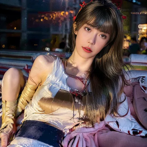 top-quality, ​masterpiece, A high resolution, (Photorealsitic: 1.4), ((sitting and spreading her legs))、Raw photo, concert hall、Kpop Idol、1girl in, long straight golden hair, shinny skin, wetbody, dramatic  lighting, full body Esbian, bich, Sailor Suit Swi...