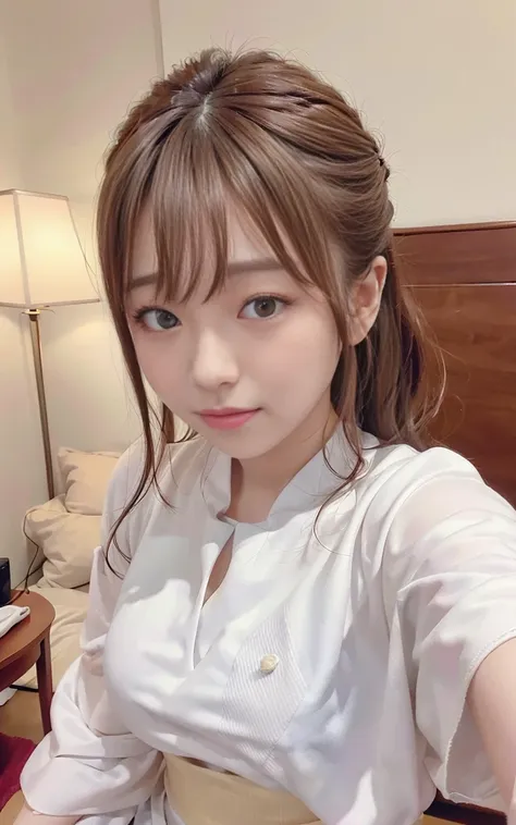 Cute 21 year old Japanese、Highly detailed face、Attention to detail、double eyelid、Beautiful thin nose、Sharp focus:1.2、beauty:1.4、(bright brown hair、Shortcuts、White skin、Highest quality、bright、masterpiece、Ultra-high resolution、(realism:1.4)、hostel、yukata、On ...