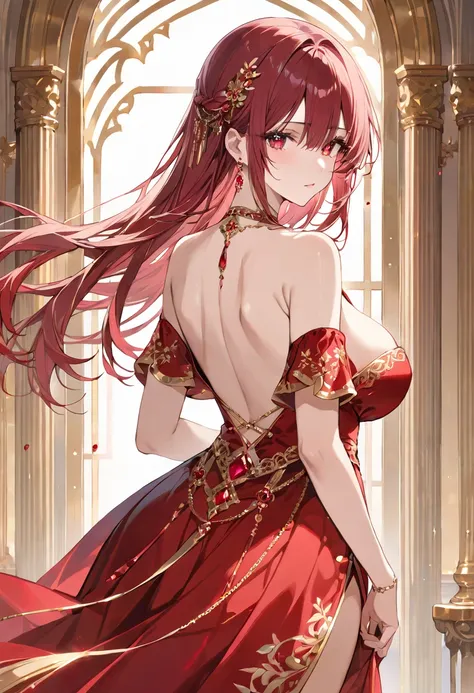 masterpiece, best quality, ultra detailed, detailed eyes, sparkling eyes, her off-the-shoulder red dress with a low neckline on her breasts and decorated with gold and ruby jewels and open at the back and marked at the waist with a gold chain inlaid with r...