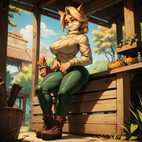  sancy anthro bandicoot girl redhead, braided hair, beautiful green eyes, sexy ,seductive, warm sweater, , camouflage pants, army boots, , Cozy autumn atmosphere, , the forest, autumn , Girl in sweater, ,trousers, army boots, furry anthro bandicoot, seduct...