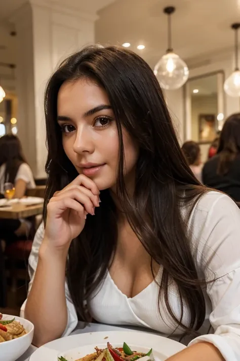 A photorealistic all body of a 21-year-old peruvien girl with long, flowing dark hair . close up. She should have a face with makeup. white outfit, in France eating in the restaurant