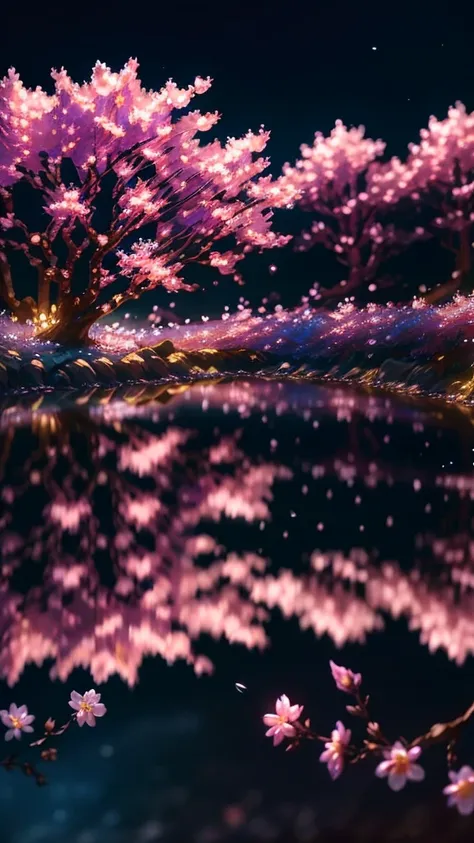 Crystal Spring Blossom、, Fantasia、intergalactic、cleanness、, glinting、Shineagnifica、colourfull、, magical photography, Dramatic Lighting, photorealisim, The ultra-detailliert, depth of fields, hight resolution, a river, There are many rows of cherry blossom ...