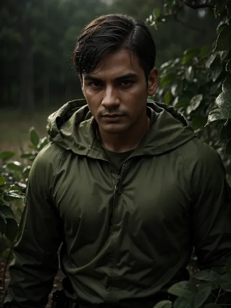 fast 4D realistic of Mans dashing pose with battlefield background, wearing army uniform, raindrops on green leaves, detailed, soft lighting, eerie atmosphere, high resolution.

