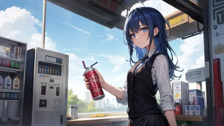 1girl, blue hair, blue eyes, white blouse, black vest, grey skirt, spring, masterpiece, high quality, hair flow, holding a canned drink, drink machine