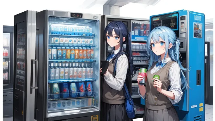 1girl, blue hair, blue eyes, white blouse, black vest, grey skirt, spring, masterpiece, high quality, hair flow, holding a canned drink, drink machine