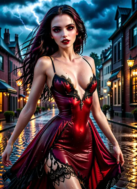 a female vampire (dancing: 1.3) in the rain during lightning storm, goth art, dark fantasy art, glamours (vampire: 1.5) model shot, RAW, award winning picture of a female vampire, dynamic hair color, dynamic hair style, pale skin, full body, busty woman, (...