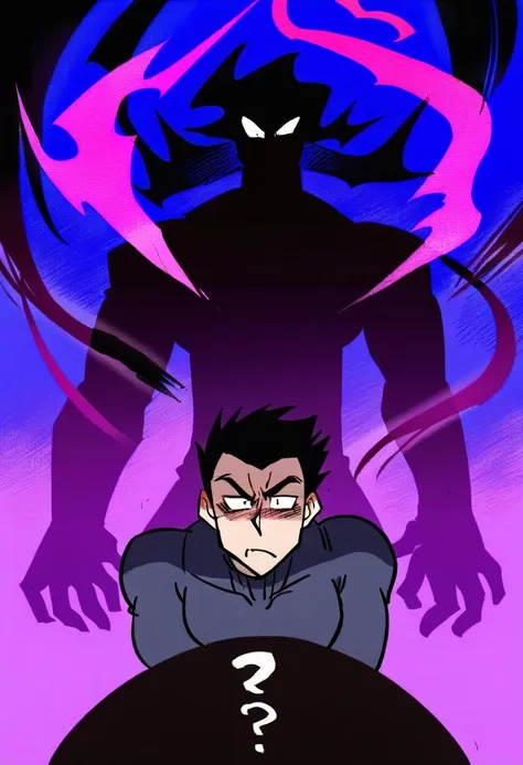 a dynamic and vibrant 2d anime illustration of two characters. the first character is a tall muscular male antagonist character ...