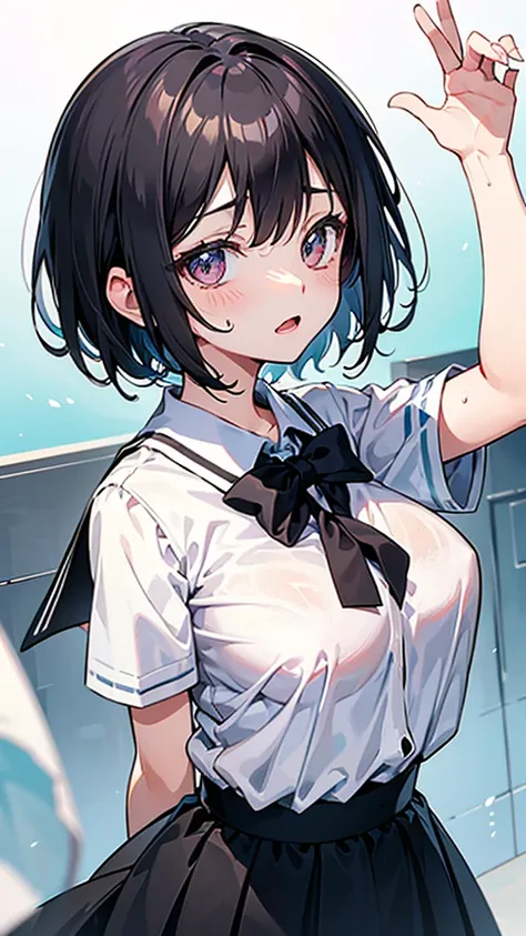 (intricate and super detailed anime style cute illustration),black hair,short hair,short sleeves school blezer uniform,big breasts,
open mouth,sweat,