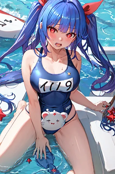 Highest quality, masterpiece, High resolution, alone, {I19_Fleet Collection:1.15}, Long Hair, Blue Hair, ribbon, ヘアーribbon, red_eye, tw private nta private ls, chest, big_chest, symbol-shaped_pup private ls, Swimsuits, 学校Swimsuits, ワンピースSwimsuits, Open_mou...