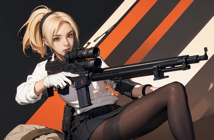 Elaizaikedareal, 1girl, solo, short hair, skirt, blonde hair, red eyes, gloves, ponytail, weapon, pantyhose, hairband, boots, holding weapon, gun, black pantyhose, rifle, one knee, sniper rifle, scope, shell casing