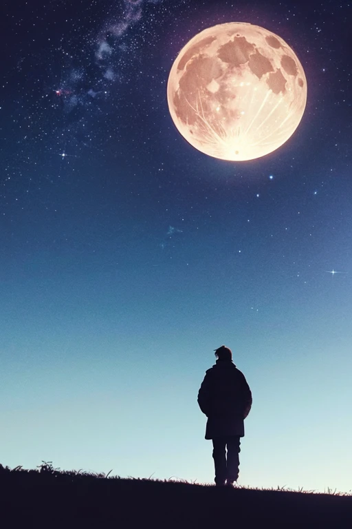 Highest quality,Big moon and shadow,A silhouette of a person can be seen against the backdrop of a large moon.,There is one full moon,There is a mood,Beautiful scenery,Starry Sky