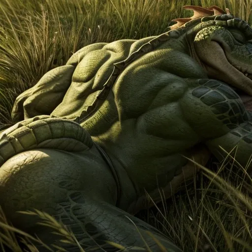 A male muscle Lizardmen on grass , sleeping, a very close view of butt and back , textured , happy face 