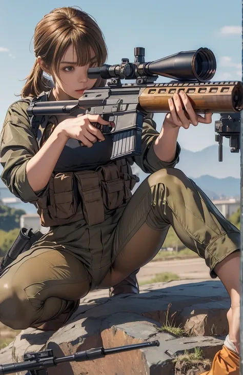 Elaizaikedareal, 1girl, solo, short hair, skirt, blonde hair, red eyes, gloves, ponytail, weapon, pantyhose, hairband, boots, holding weapon, gun, black pantyhose, rifle, one knee, sniper rifle, scope, shell casing