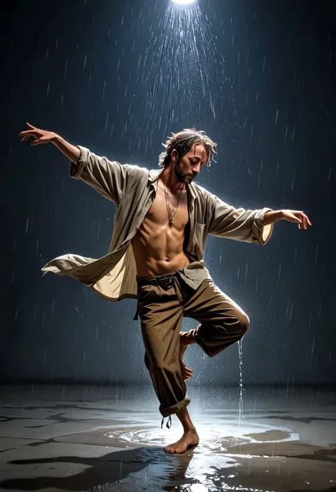 Soul Dancer Mark,A homeless man dancing alone in the moonlight and rain，Barefoot，Loose and worn clothes，Professional Action，Very contagious，Splash，Light and Shadow，Minimalism，artistic conception，Clean background