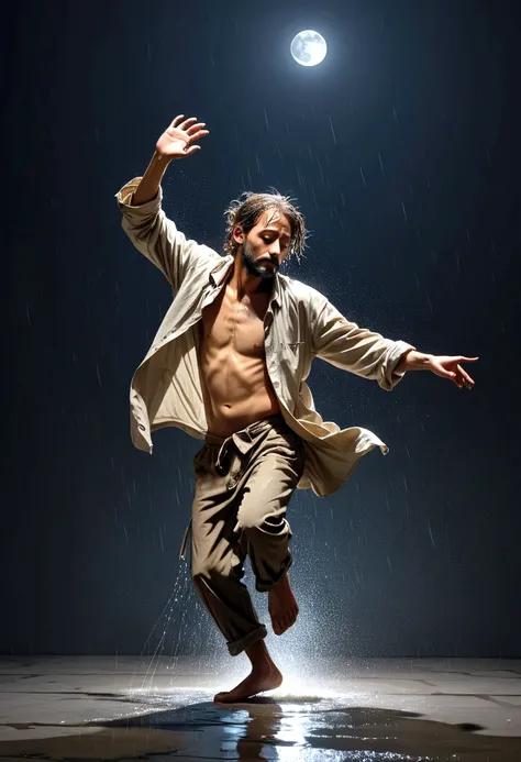 Soul Dancer Mark,A homeless man dancing alone in the moonlight and rain，Barefoot，Loose and worn clothes，Professional Action，Very contagious，Splash，Light and Shadow，Minimalism，artistic conception，Clean background