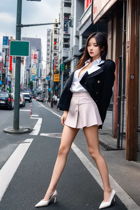 a 19 year old girl, she is the most beautiful actress in the world, the perfect body proportions of this girl, the upper of her body is clothed by formal shirt and blazer, her crotch area of the panties are hardly hidden by short skirt, her bare legs, its ...