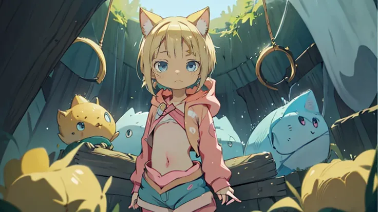 8-year-old girl, my_Irumui,
she has (Blonde).
(Eye color is turquoise), SFW,
Blonde Hair、Short Hair、Cat ear、(Blonde rings:1.5),
White skin, Wooden village, (Flat Chest), Denim shorts,
outside, bright,, Pink hoodie,I tried drawing it in the style of Made in...