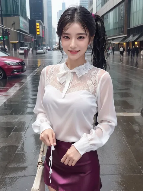 ((best quality, 8K, masterpiece: 1.3)),upper body,Black Hair, black eye,sharp focus: 1.2, beautiful woman with a perfect body: 1.4, ((ponytail, large: 1.2)), (small and beautiful hard (White long sleeve blouse with lace、Silk Tight darkmagenta long skirt), ...