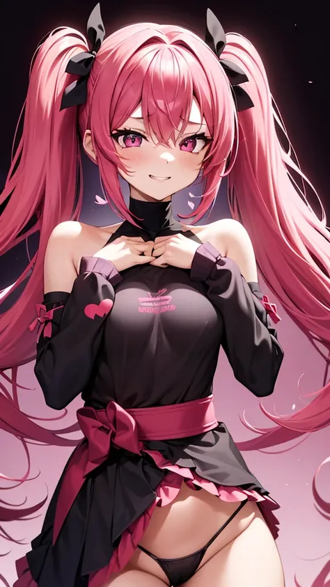 Erotic　Pink hair twintails　、Small breasts、Shihodo Narika、Pink Hair、No sleeve、Shoulder、Red tight body tights、Black loincloth、Black Belt、Super Subaru Flash Ninja Haruka、Tight waist、　Bedroom with hearts on a black background Dark theme Evil Fallen Temptation ...