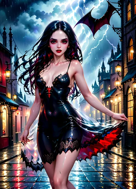 a female vampire (dancing: 1.3) in the rain during lightning storm, goth art, dark fantasy art, glamours (vampire: 1.5) model shot, RAW, award winning picture of a female vampire, dynamic hair color, dynamic hair style, pale skin, full body, busty woman, (...